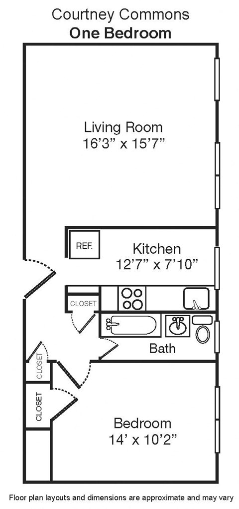 Floor plan for 1 bed, 1 bath